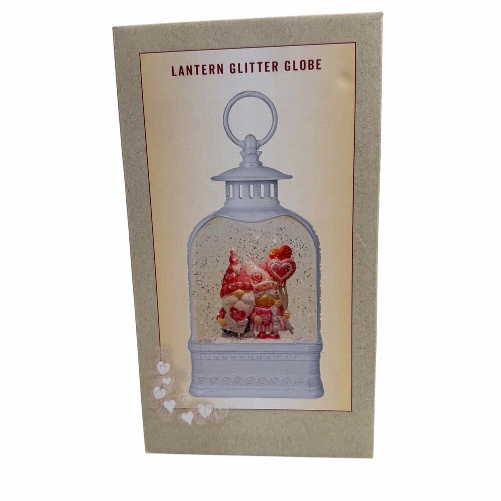 Cracker Barrel Gnome Couple Lantern Glitter Globe Hearts w/ Light & Box No Sound